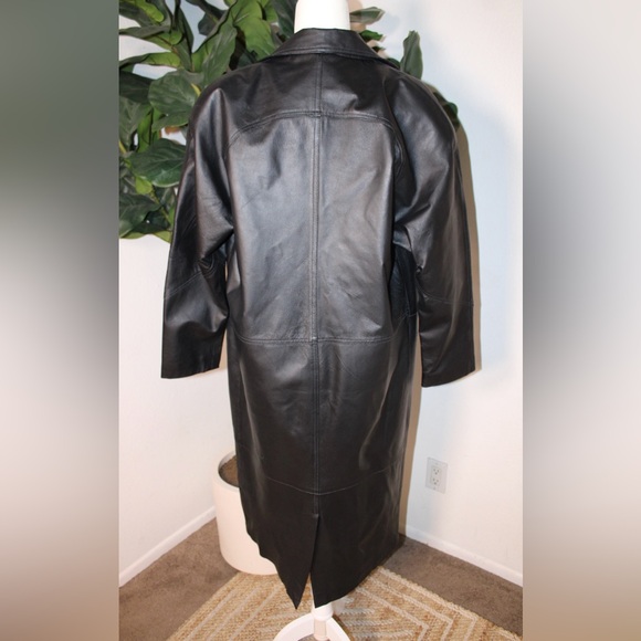 VINTAGE 80s 90s Savannah Black Genuine Leather Long Trench Coat Jacket - Picture 4 of 13